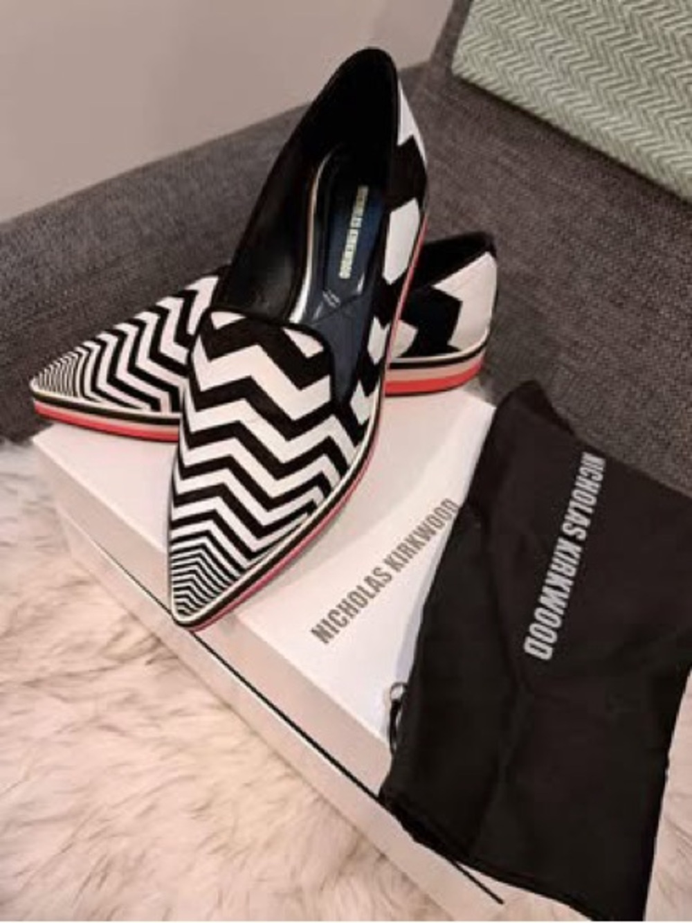 Nicholas Kirkwood Black & White Zigzag Pointed Loafers with Pink Sole Edge
